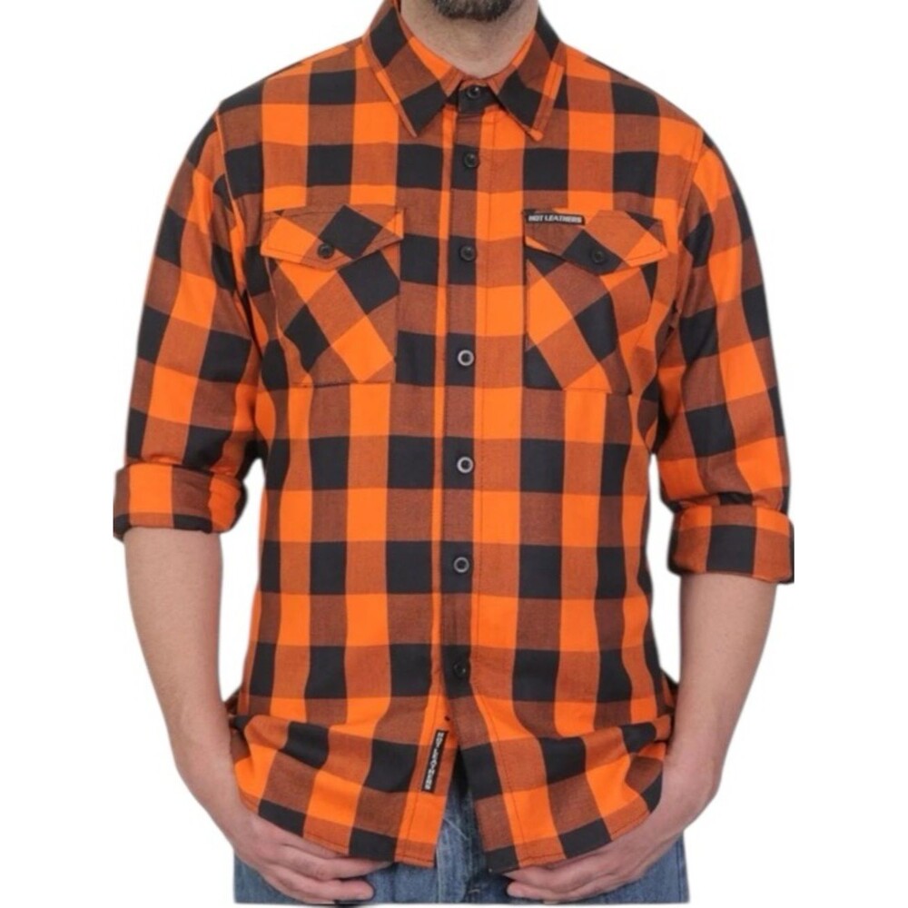 HOT LEATHERS Mens Orange and Black Long Sleeve Flannel Button Down Shirt
